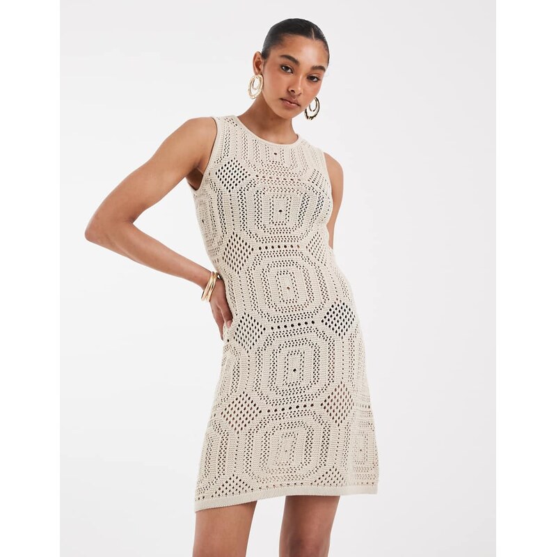 AWARE sleeveless patterned crochet mini dress in beige-Neutral 115589690