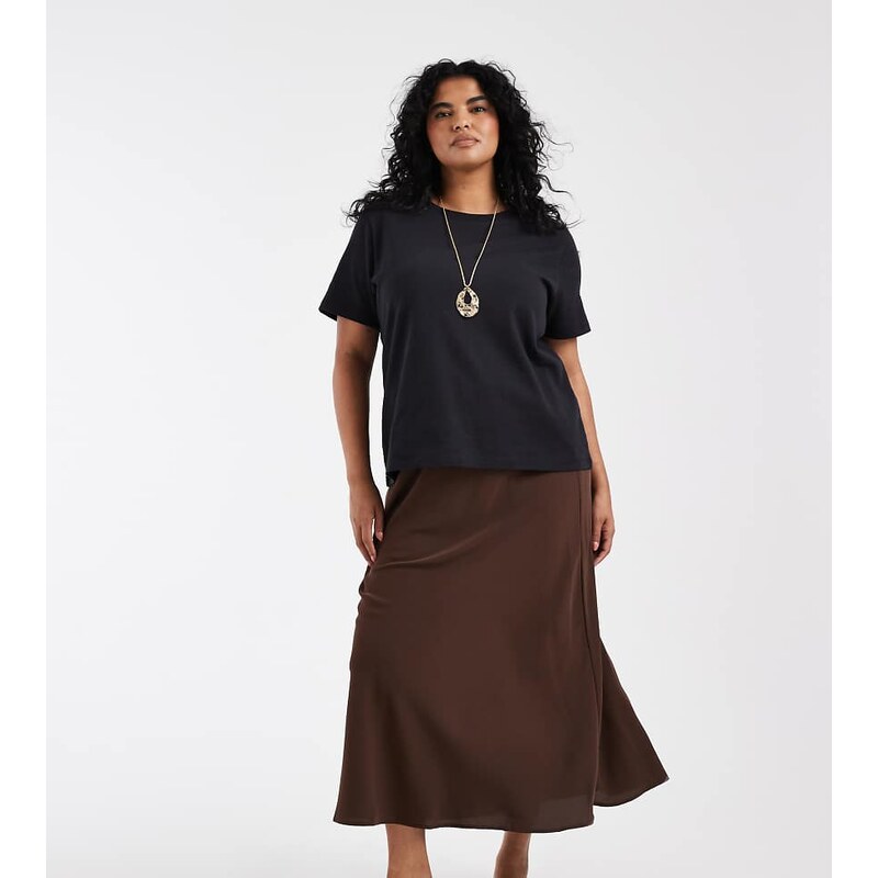 Pieces Plus Pieces Curve matte satin midi skirt in coffee brown 115589748