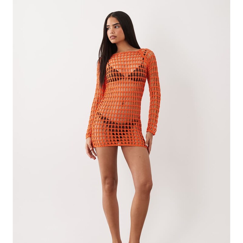 Kaiia exclusive crochet long sleeve mini dress in orange 115589841