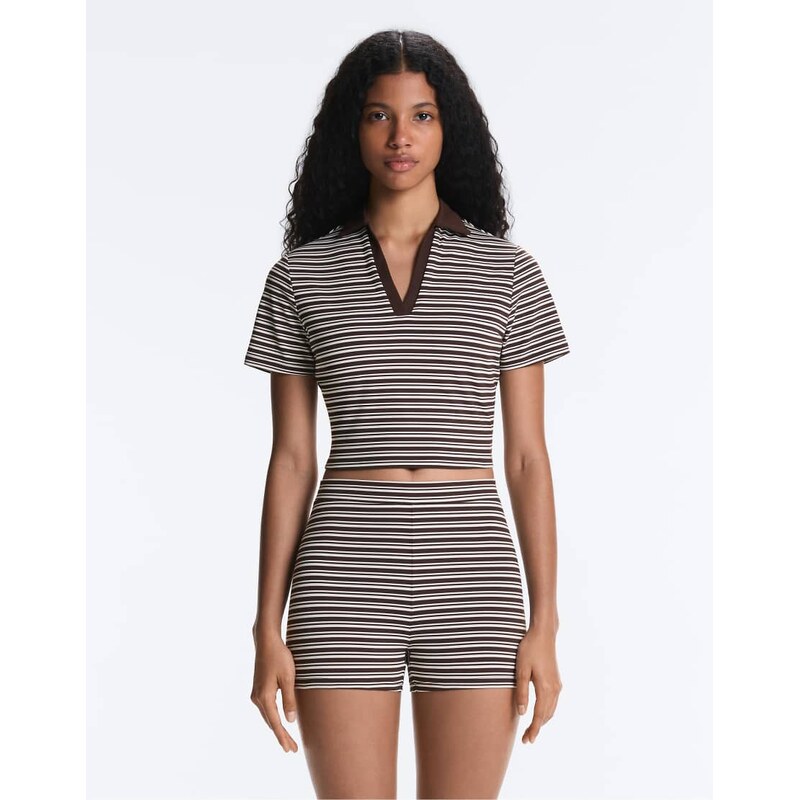 OYSHO Comfortlux striped short-sleeve polo shirt in brown