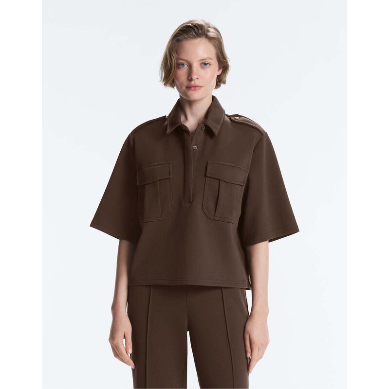 OYSHO Utility short-sleeve sweatshirt with cotton piqué in brown 115589979