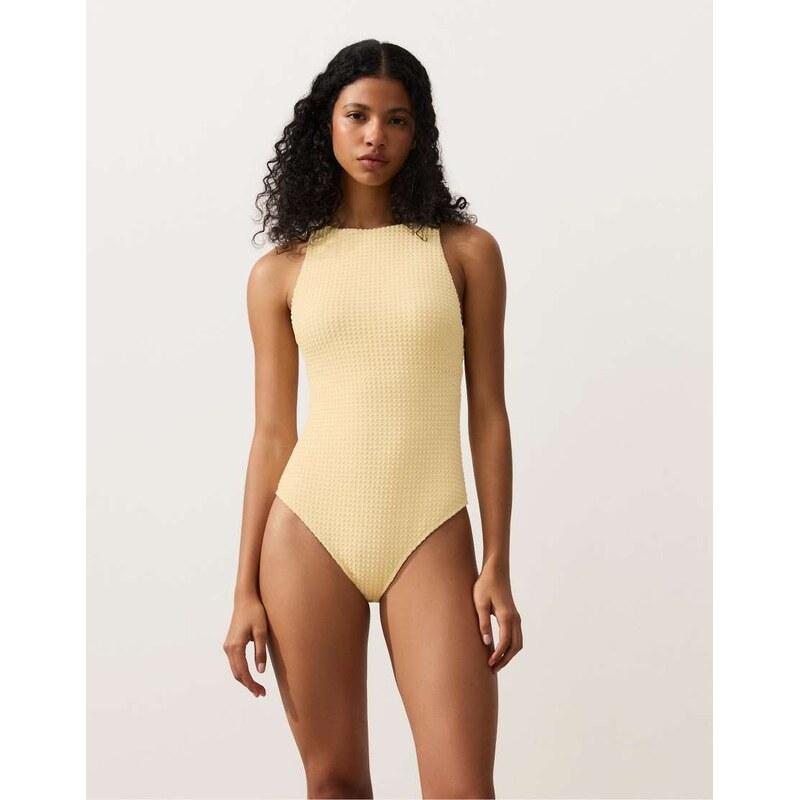 OYSHO Bubble-texture crochet halter swimsuit in pale yellow