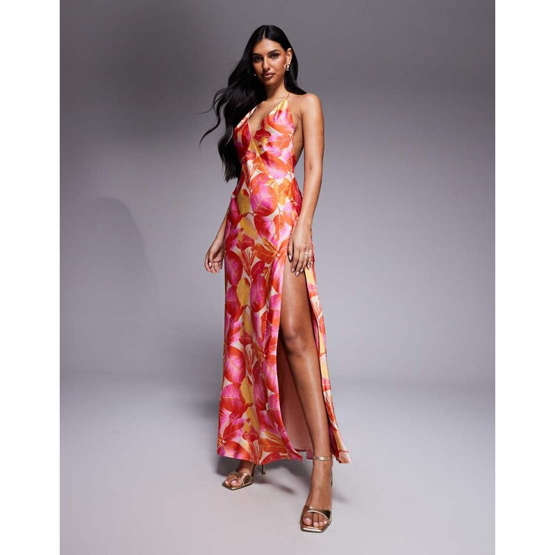 Bardot satin plunge cami backless maxi dress in pink floral print 115589496