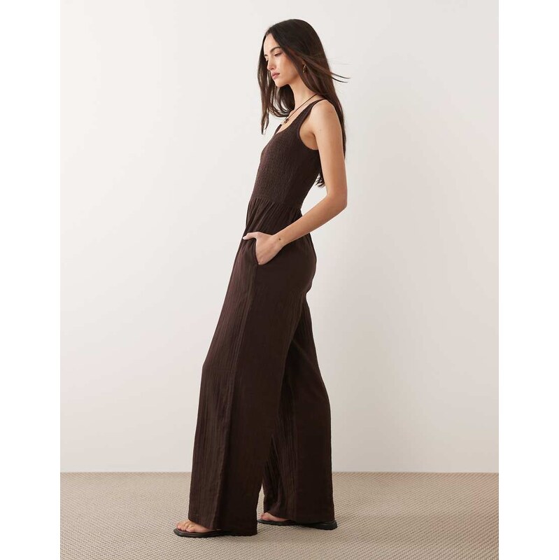 Brave Soul scoop neck jumpsuit in chocolate brown 115589506