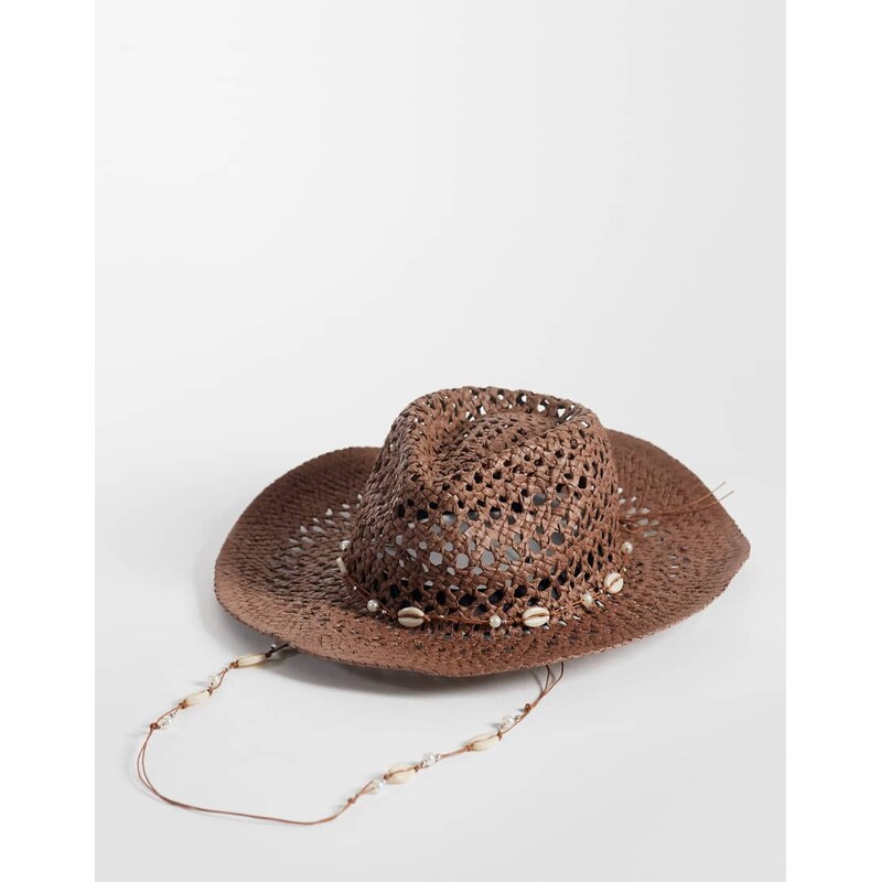 South Beach straw cowboy hat with shell trim in chocolate brown 115589517