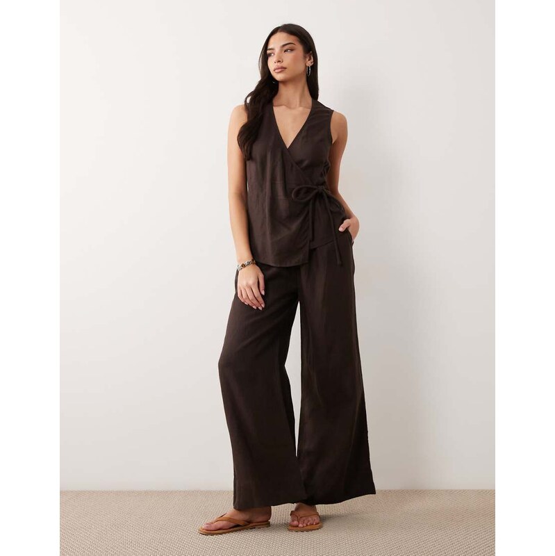 ASOS DESIGN 100% linen wrap jumpsuit in chocolate-Brown