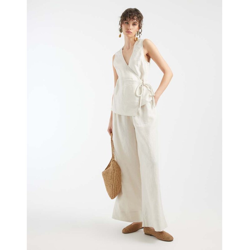 ASOS DESIGN 100% linen wrap jumpsuit in stone-Multi 115589525