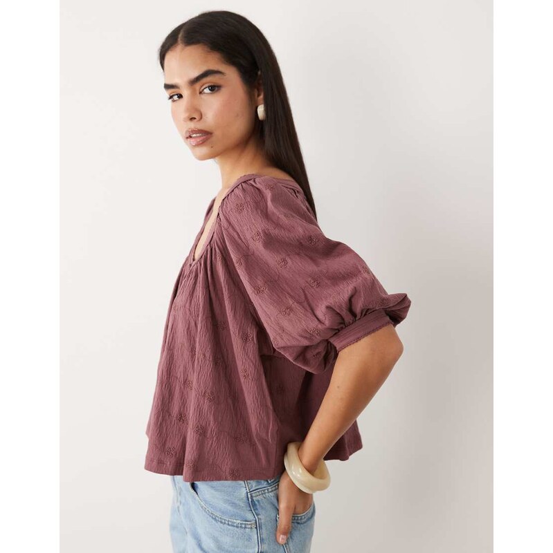 ASOS DESIGN button through blouson sleeve broderie top in