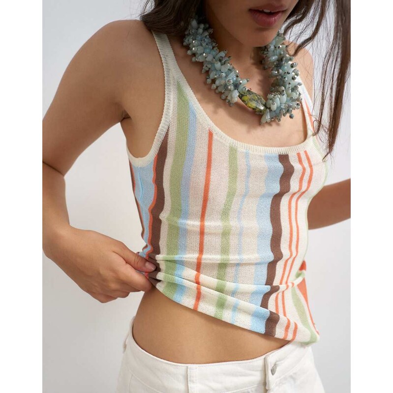 Topshop knitted sheer stripe vest co-ord in multi-White 115589551
