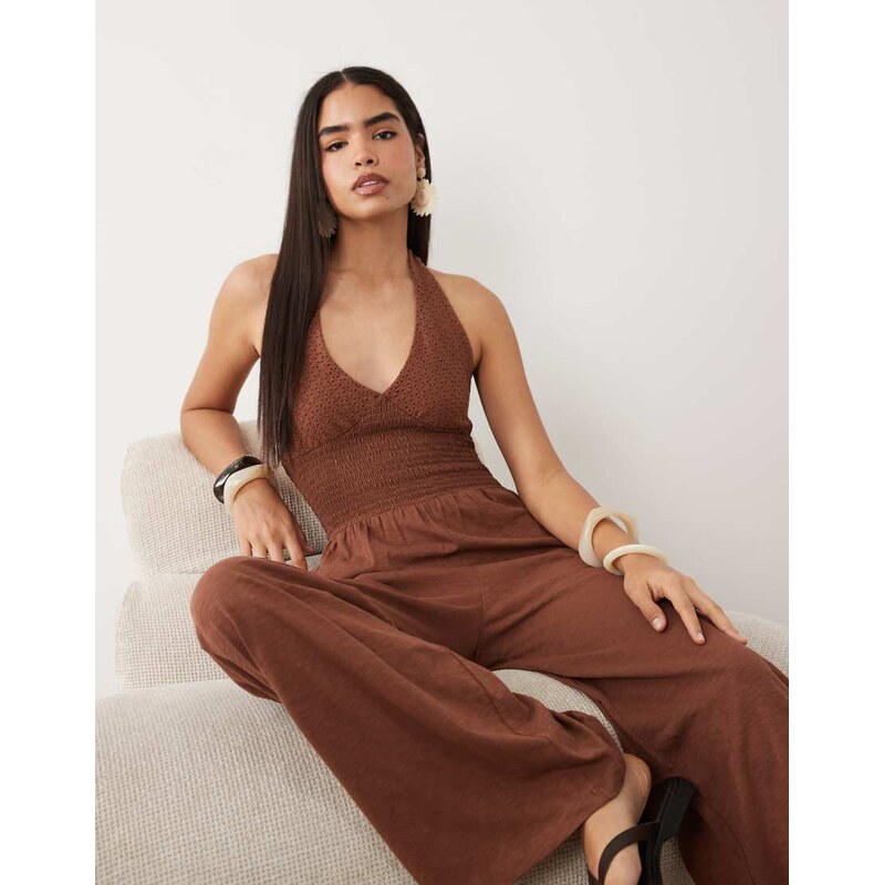 ASOS DESIGN crochet shirred jumpsuit in brown