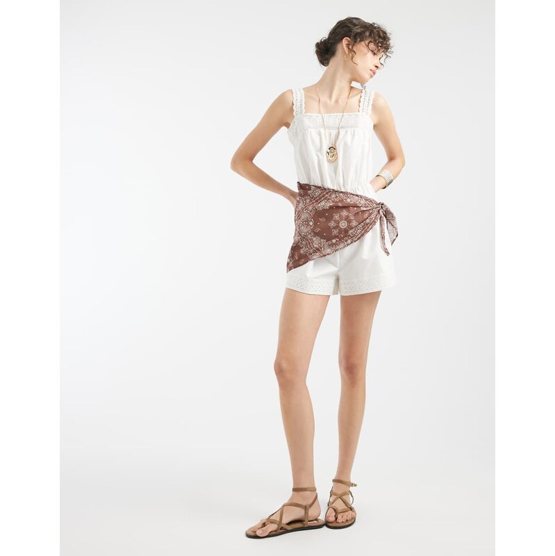 ASOS DESIGN lace trim playsuit with scarf waist in white