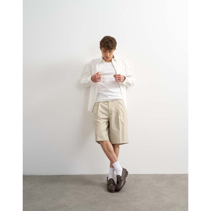 Topman wide leg stripe short in stone-Neutral