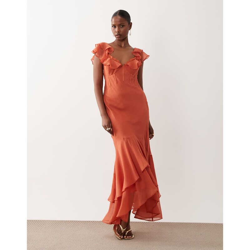 ASOS DESIGN frill sleeve maxi dress with fishtail hem in