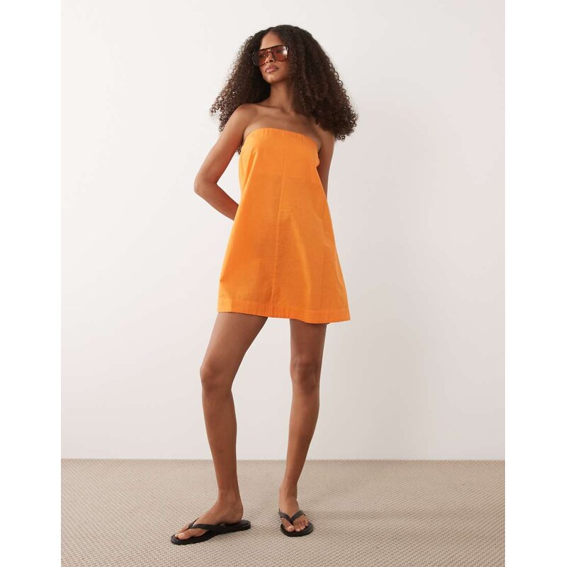 ASOS DESIGN cotton linen bandeau mini sundress in tangerine