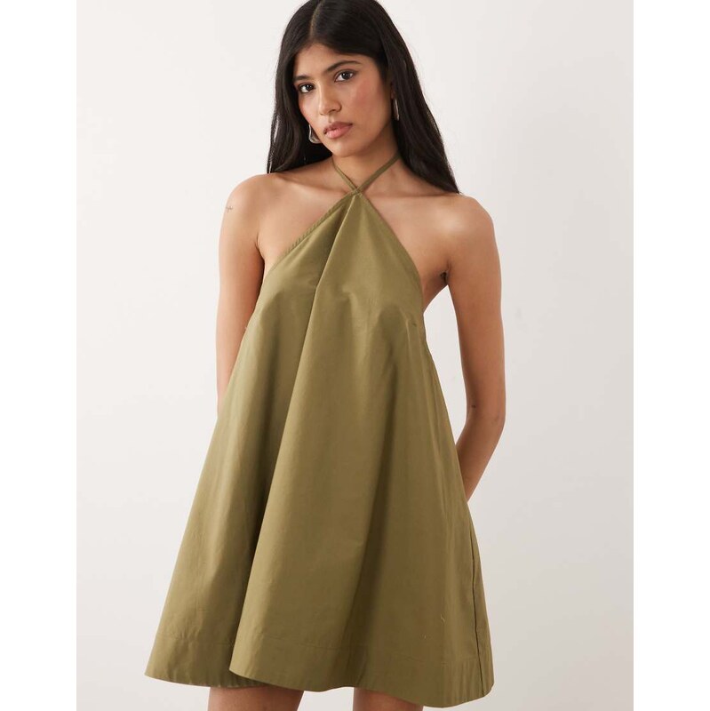ASOS DESIGN poplin halter neck swing mini sundress in olive