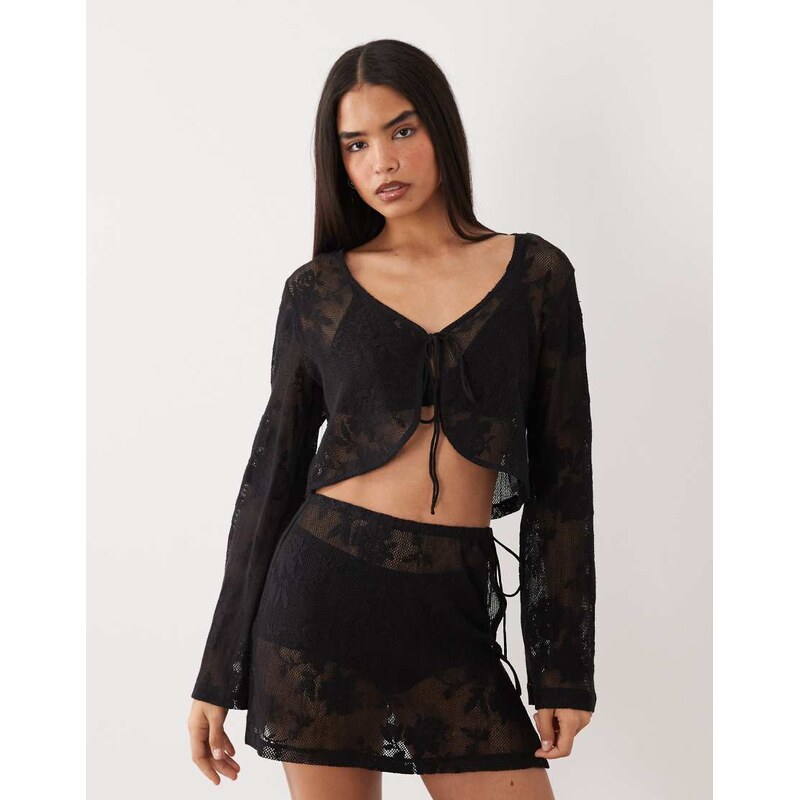 ASOS DESIGN sheer crochet lace tie front co-ord top-Black