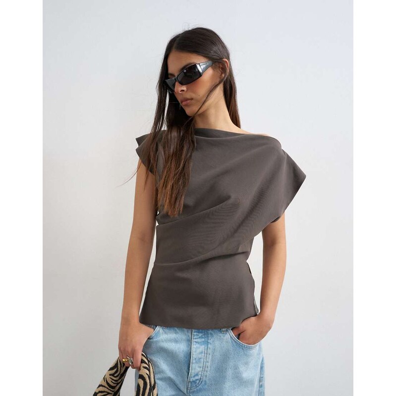 Topshop co ord asymmetric off shoulder top in charcoal-Grey