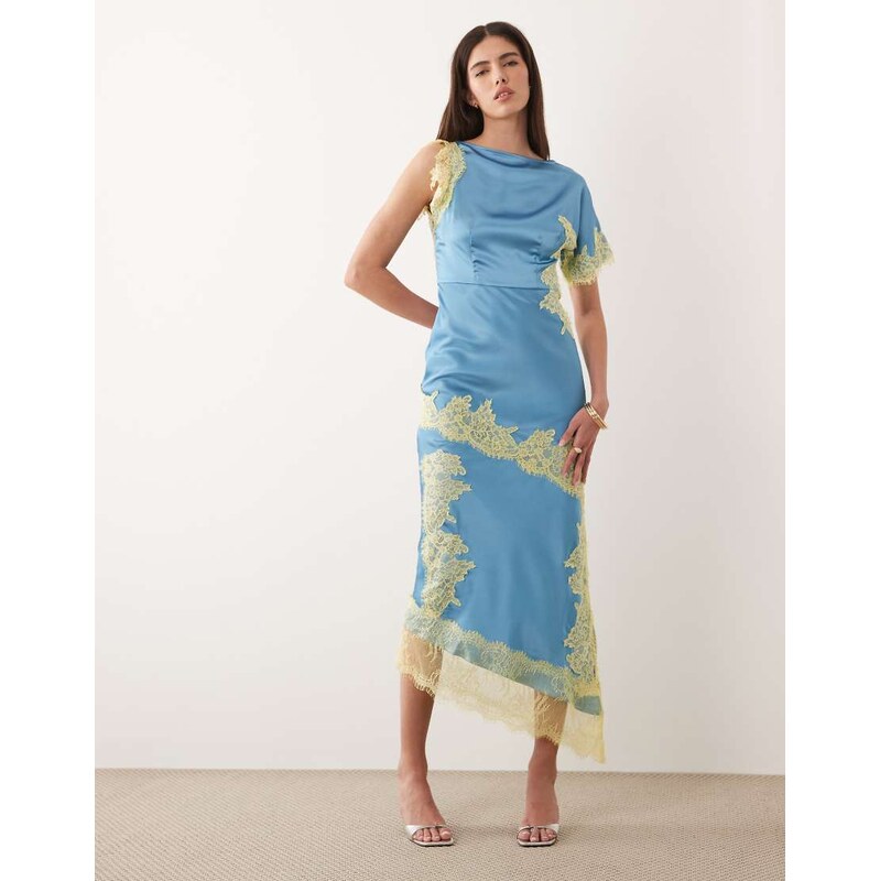 Never Fully Dressed Fearne satin lace detail midi dress in blue