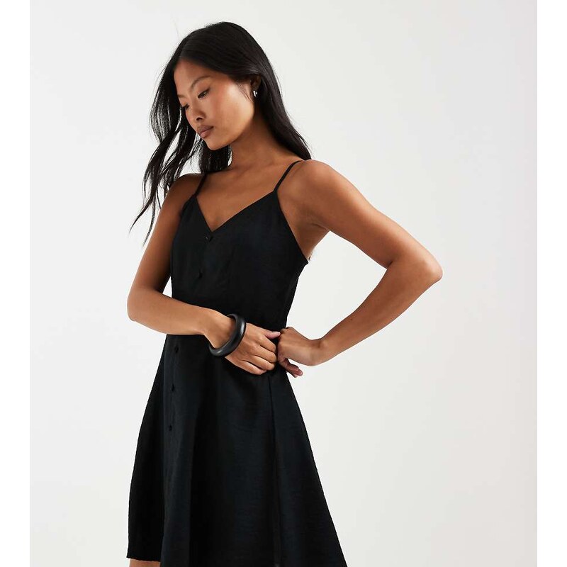 Vero Moda Petite button front cami mini skater dress in black