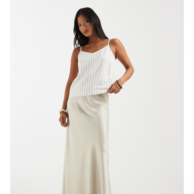 Vero Moda Petite satin bias midi skirt in stone-Neutral