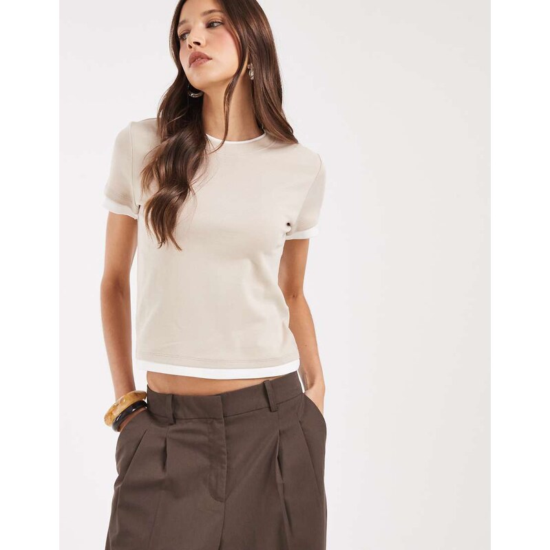 Vero Moda double layer binding detail t-shirt in cement and white 115589725