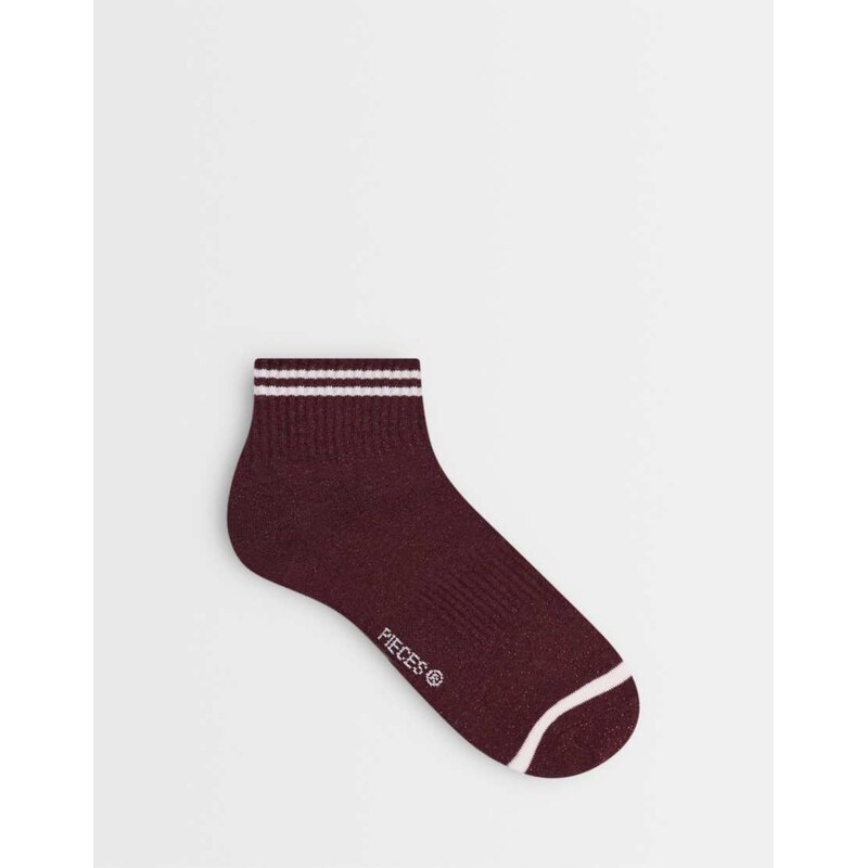 Pieces sporty stripe glitter socks in burgundy-Red