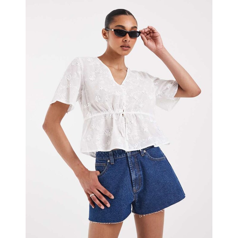 Pieces tie front broderie top in white