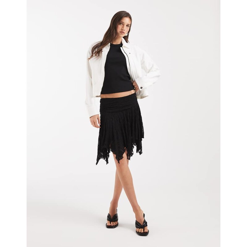 Pieces asymmetric hem flippy lace mini skirt in white-Black
