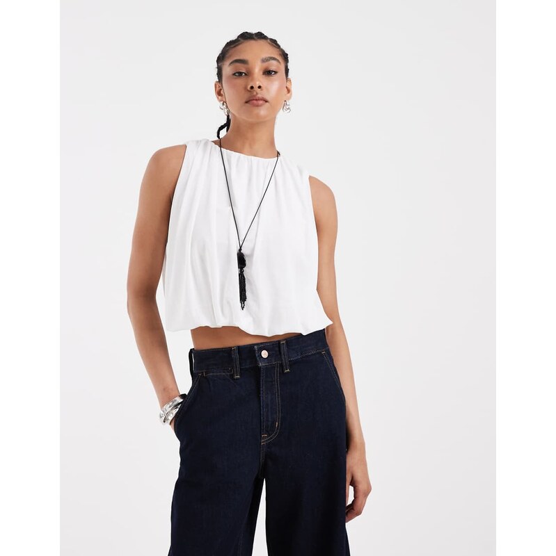 ASOS DESIGN mesh gathered bubble hem top in white
