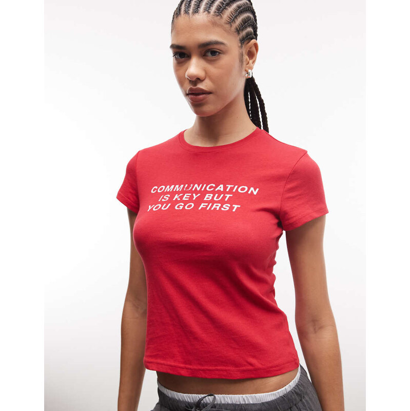 Weekday 90s baby tee with slogan graphic in red-Black 115589757