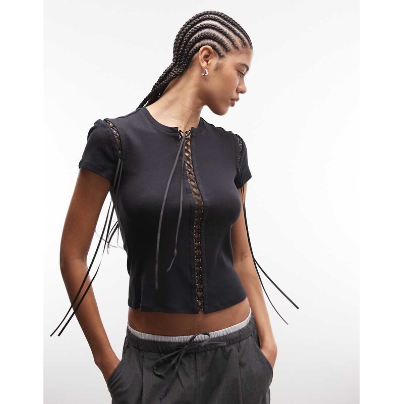 Weekday slim festival t-shirt with cross tie detail in black