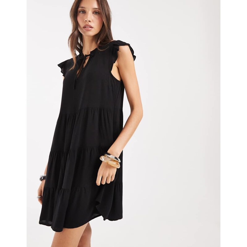 Vero Moda frill trim babydoll mini dress in black