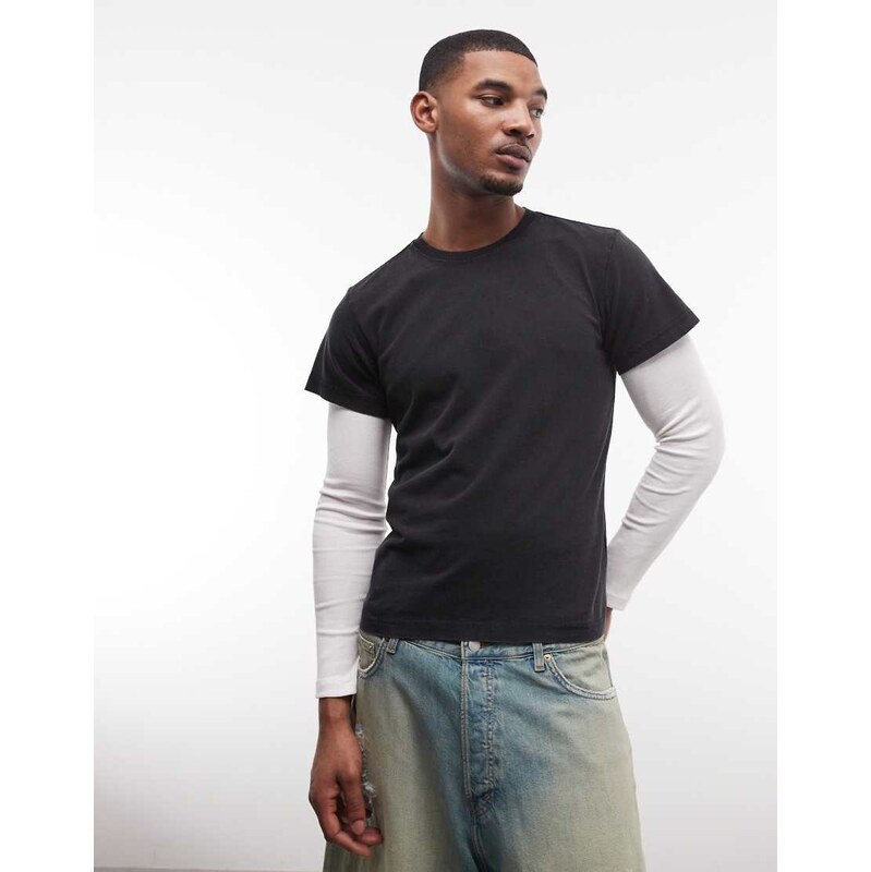 Weekday layered long sleeve shrunken fit t-shirt in black &