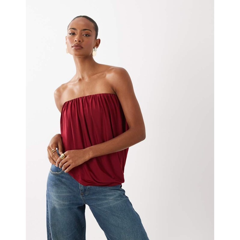 ASOS DESIGN slinky asymmetric drape bandeau top in berry-Red