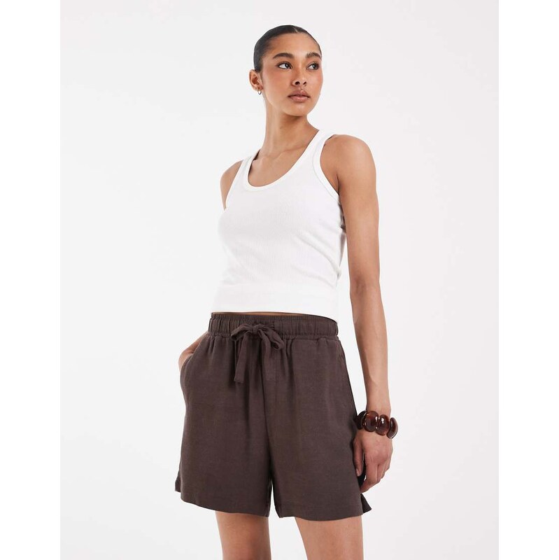 Object loose tie waist linen touch shorts in chocolate-Brown 115589768