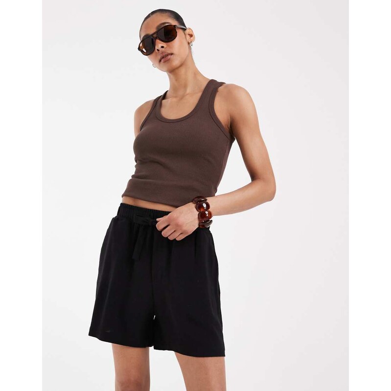 Object loose tie waist linen touch shorts in black 115589770