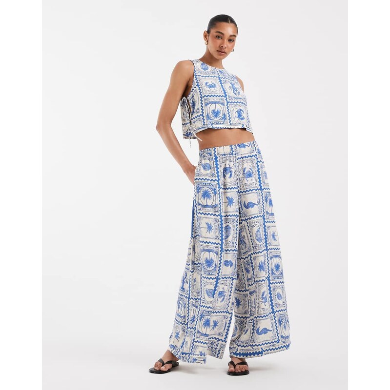 Object super wide palazzo trouser co-ord in blue and white seaside 115589771
