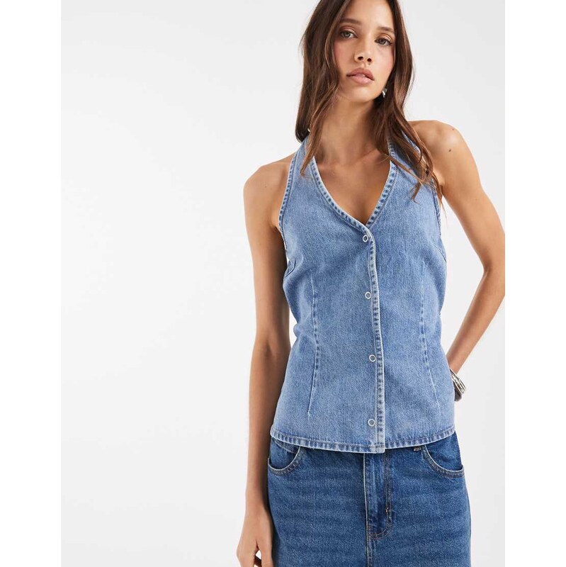 Object halter neck tie waist denim top in medium blue wash 115589772