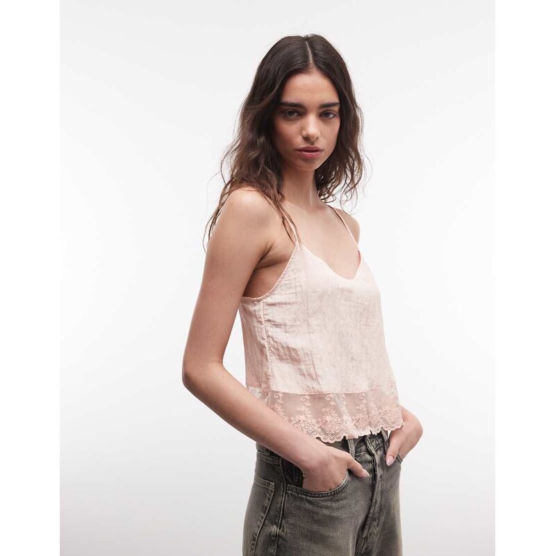 Monki crinkle satin cami top with lace trim in light pink 115589780