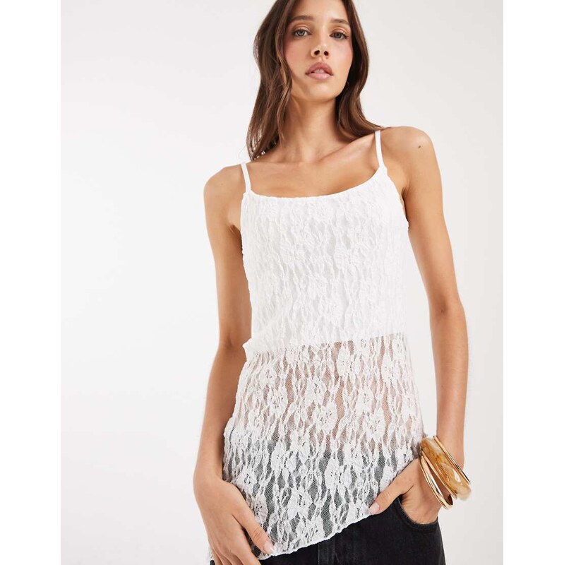 Pieces asymmetric lace top in white 115589784