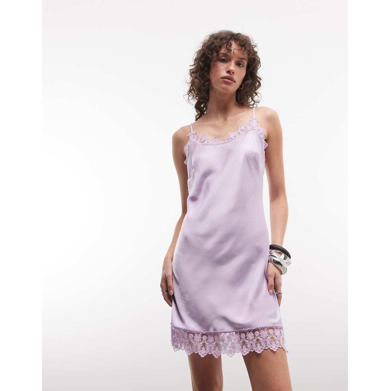 Monki lace detail satin slip mini dress in lilac-Purple 115589790