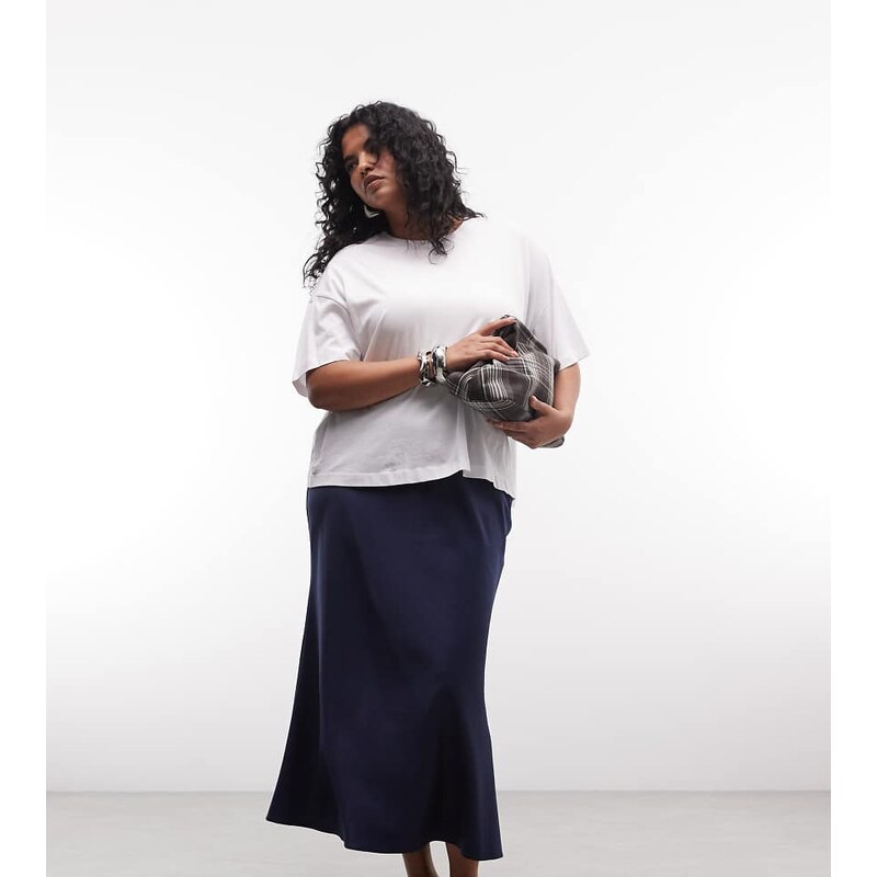 ASOS Curve ASOS DESIGN Curve satin bias midi skirt in navy