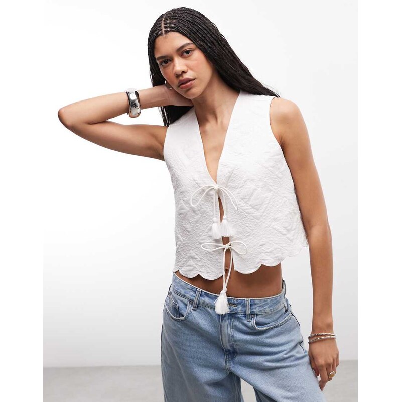 AllSaints Mona sleeveless tie up embroidered top in white