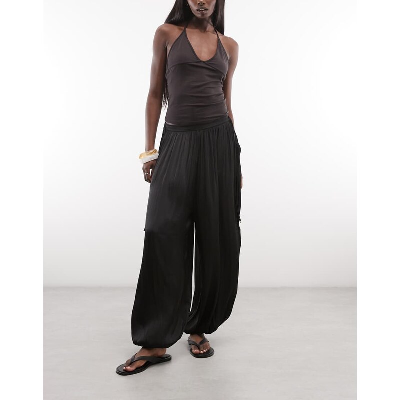 AllSaints Eshe tie detail pleated balloon trousers in black 115589826