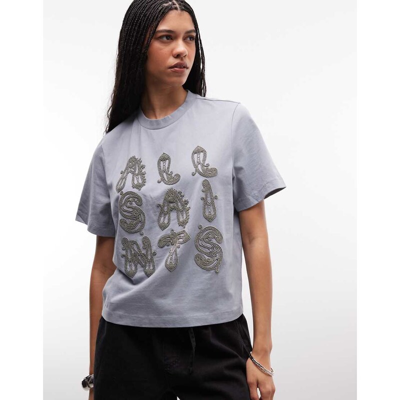 AllSaints Ella Lisa short sleeve embellished logo t-shirt in