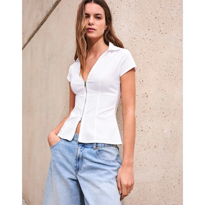 Bershka Short sleeve zip print shirt in white