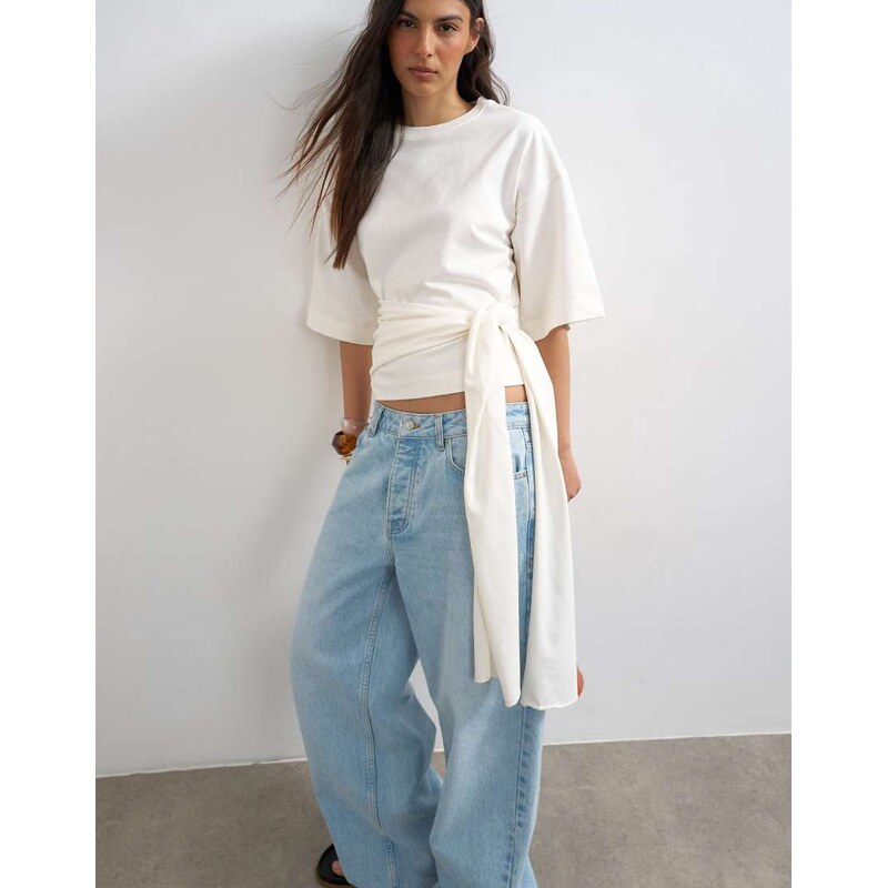 Topshop wrap waist tie detail top in ivory-White