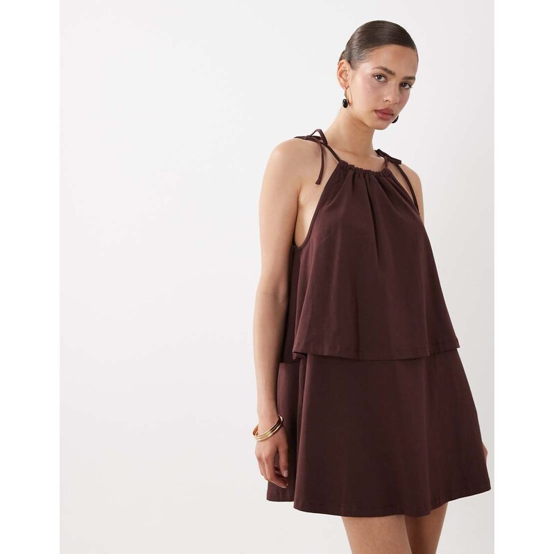 ASOS DESIGN tie neck baby doll mini dress-Brown