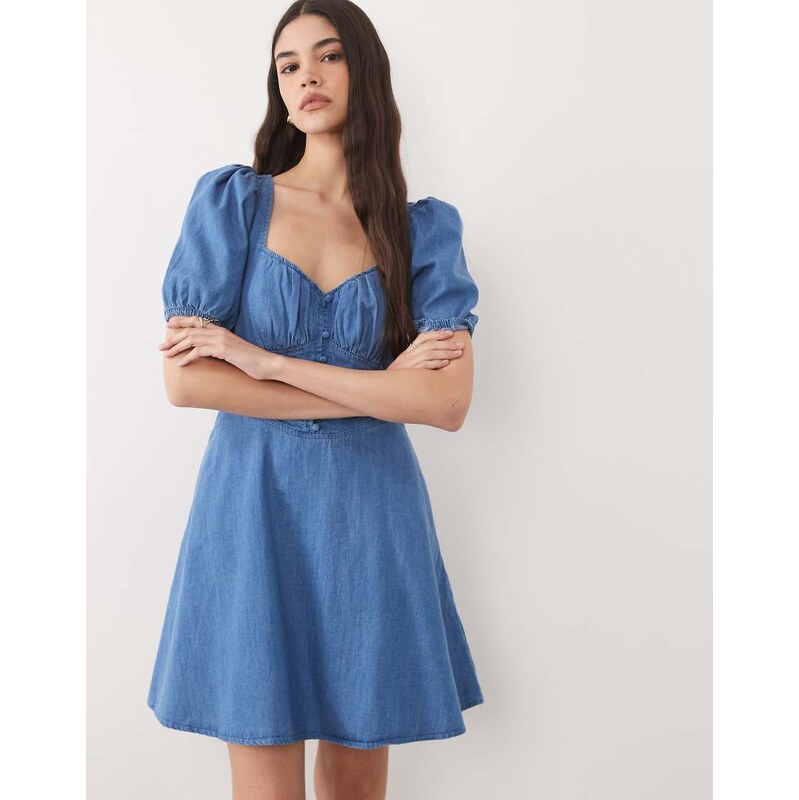 Nobodys Child Tulla denim sweetheart neckline puff sleeve mini