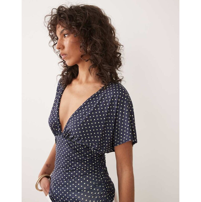 Miss Selfridge v-neck top in navy polka dot print-Blue
